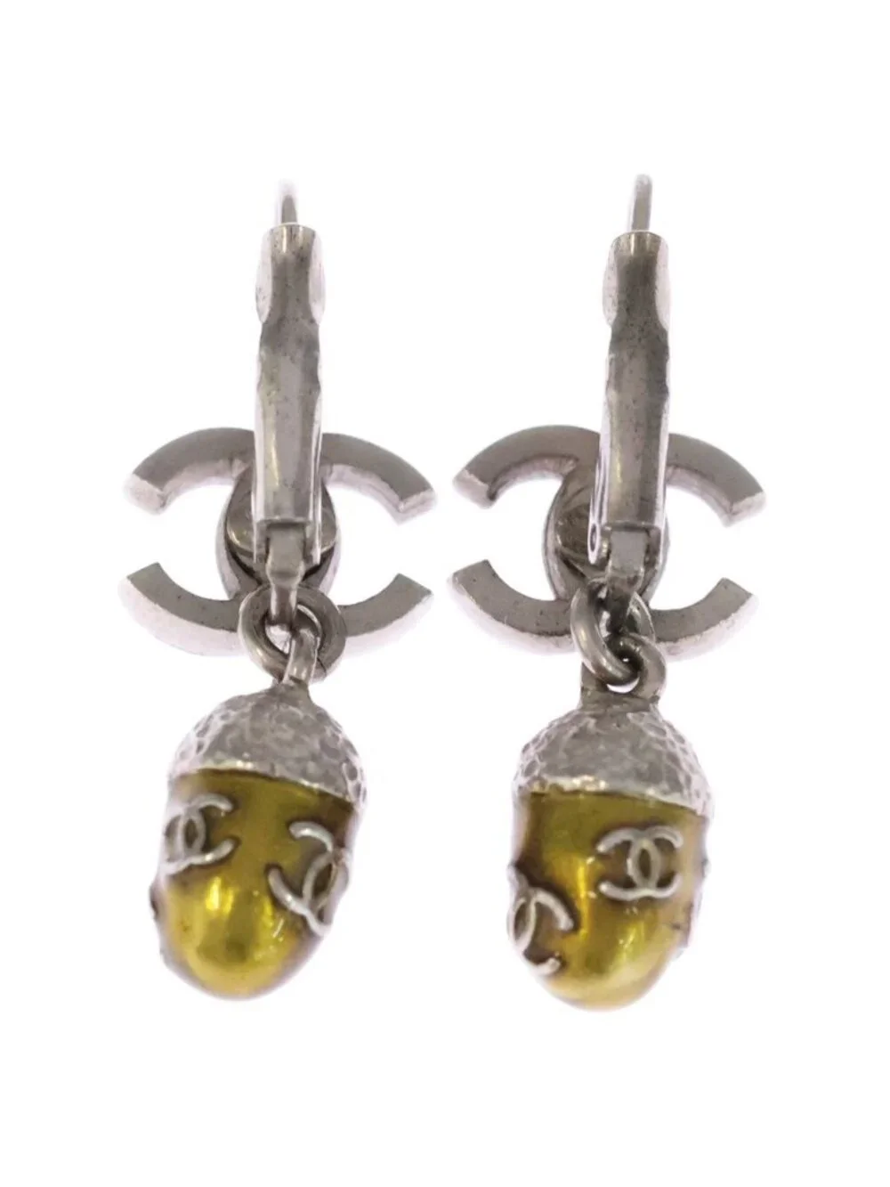 Chanel CC Logo Acorn Motif Earrings Silver Yellow